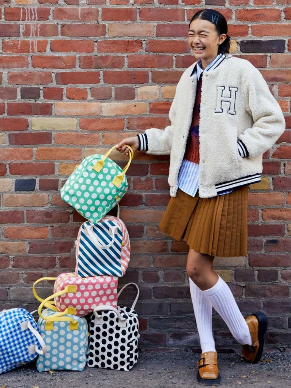 Fluf Green Polka Dot Kids Tote with Yellow Trim